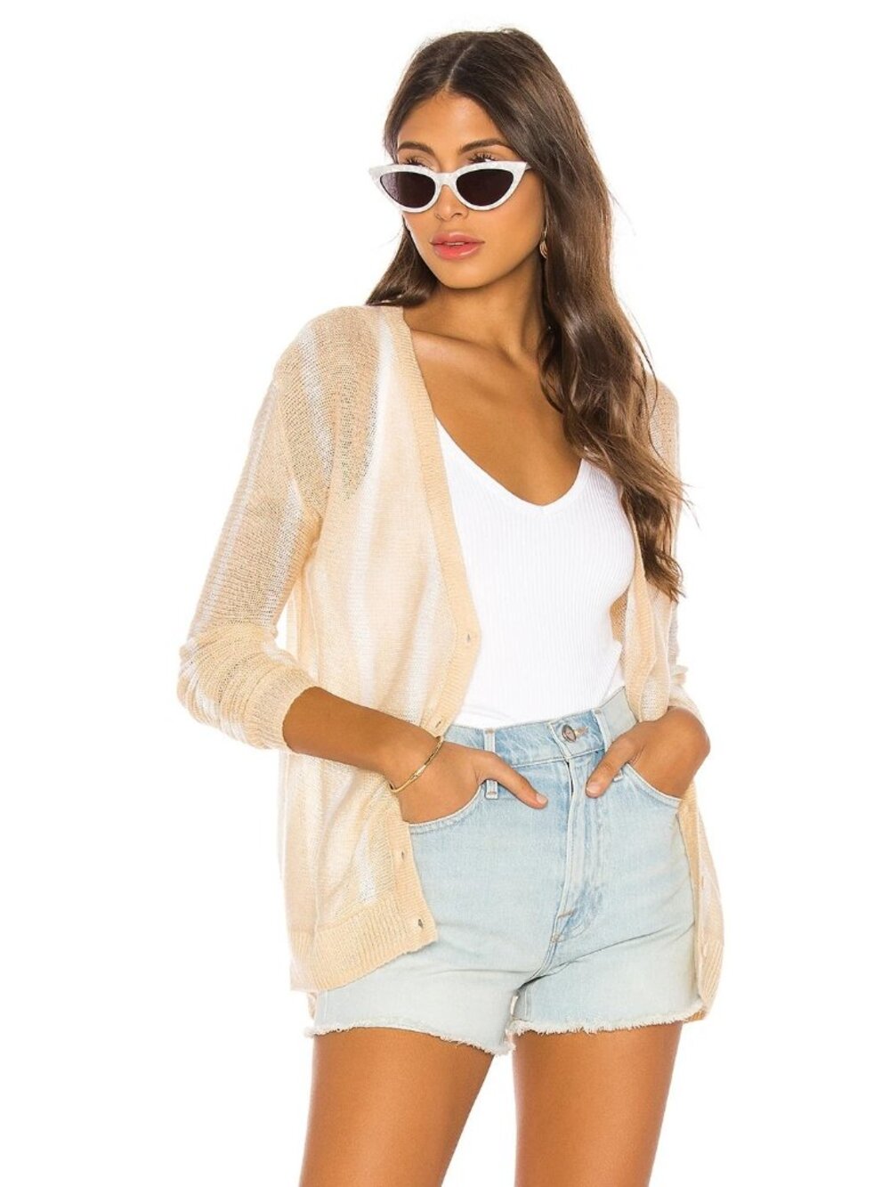 L'Academie Trinity Nude & White Striped Open Knit Cardigan